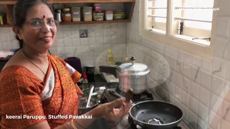 Lunch: Vendhaya Keerai Paruppu, Pavakkai fry(Stuffed Bittergourd)