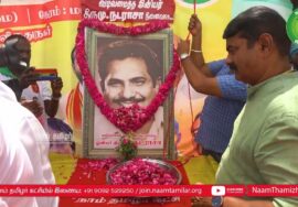 புலிக்கொடியை வரைந்த ஓவியர் மு.நடராசர் நினைவு கம்பத்தில் கொடியேற்றிய சீமான் | மல்லாங்கிணறு திருச்சுழி